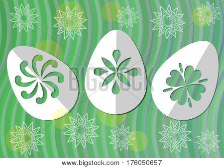 Happy Easter poster with white paper cut egg on green wavy background with transpatent flowers, vector EPS 10
