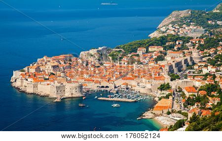 aerial view of Dubrovnik Old town (medieval Ragusa) Dalmatian coast of Adriatic sea Croatia