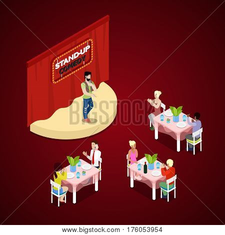Isometric Stand-Up Comedy Show with Theatre Stage and Comic Showman. Vector 3d flat illustration