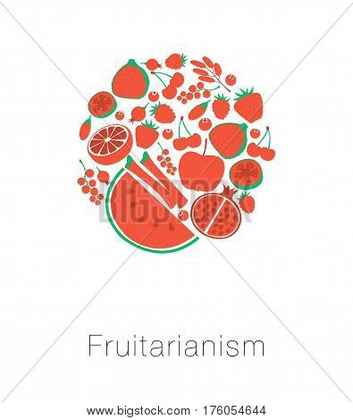 Round globe red fruit and berries. Card I love fruitarianism eco vegetarian healthy food. Fig rhubarb currant guava tropical rosehip. Vector illustration