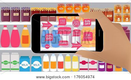 Augmented reality application for retail business concept.Augmented Reality on smartphone. Applications that scan in supermarket discount products sale alert low callories.