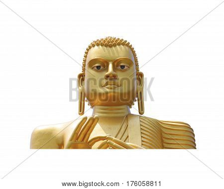 Statue of golden buddha in golden temple Dambulla Sri Lanks close view on white background