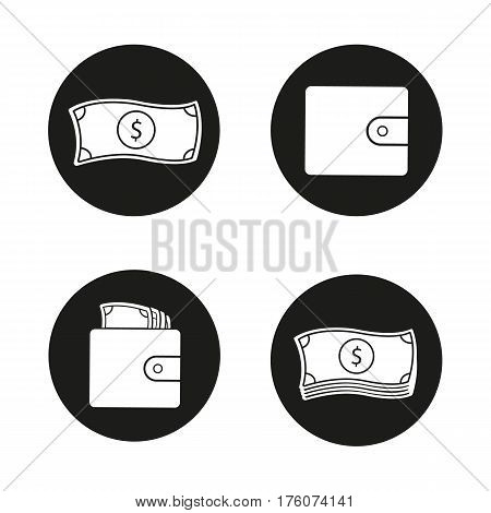 Money icons set. Cash. Dollar bills stack, leather wallet full of banknotes, one us dollar. Vector white silhouettes illustrations in black circles