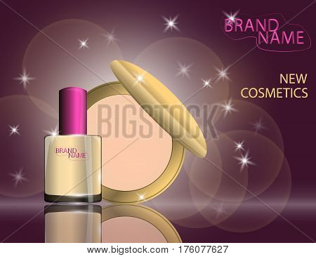 Glamorous lipstick nail laquer compact foundation on the sparkling effects background. Mockup 3D Realistic Vector illustration for design template