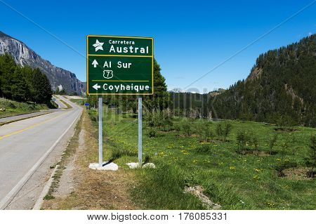 Road Sign in the Carretera Austral near the town of Coyhaique in Chile South America