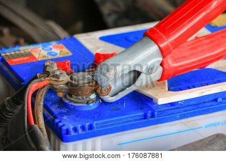 Jumper cable car battery with red and black