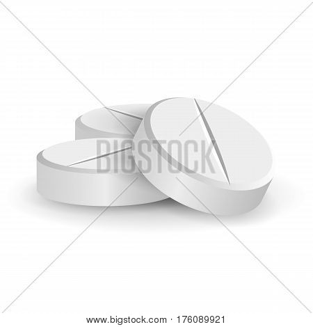 White 3D Medical Pills Or Drugs Vector Illustration. Tablets Set In Different Positions Isolated On White Background. Vitamin And Painkiller