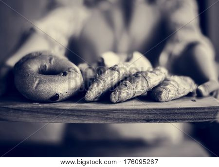 People Hands Hold Wooden Tray Present Fresh Baked Bakery