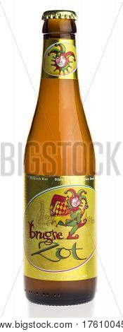 GRONINGEN, NETHERLANDS - MARCH 04, 2017: Bottle of Brugse Zot beer isolated on a white background