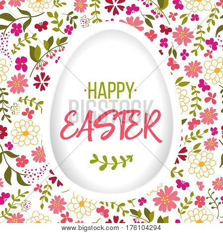 Happy Easter lettering. Easter Egg decorated with different floral elements pattern. Holiday design isolated on white background. Vector illustration.