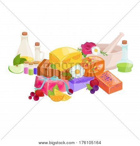 set of natural organic hand made soap with olives vector illustration, body beauty care concept, nature cosmetics aroma bar for herbal handmade spa products collection.