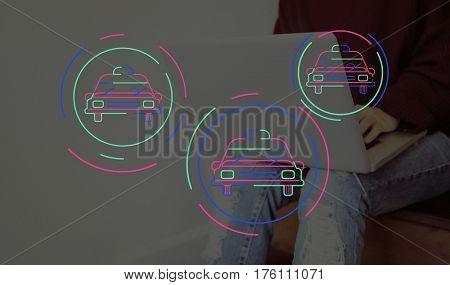 Person Connect Using Laptop and Car Graphic