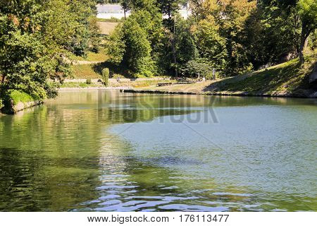 Reservoir landscape park woods nature Ukraine lake scenery sunny beautiful.