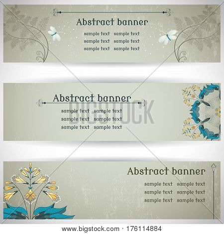Set of three horizontal banners. Hosta fern and lacewing on vintage plaster background. Place for your text.