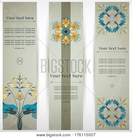Set of three vertical banners. Hosta plant on vintage plaster background. Place for your text.