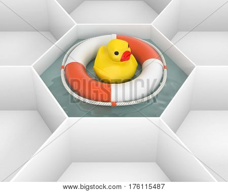 White hexagon cells with Life Saver buoy and duck bath baby toy at the pool water. Life ring floating at the sea water. Concept and idea mockup background 3d image.
