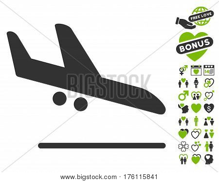 Aiplane Landing icon with bonus valentine icon set. Vector illustration style is flat iconic eco green and gray symbols on white background.