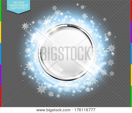 Abstract luxury chrome metal ring with white glass ball. Vector light circles snowflakes and spark light effect. Sparkling glowing round frame on blue transparent. Winter Christmas or New Year background