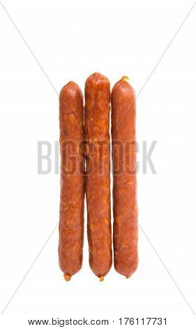 dried sausages pork salami on white background