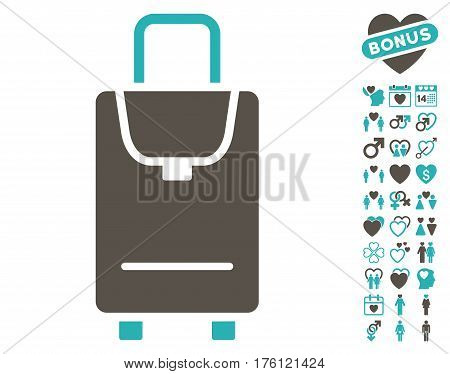 Carryon icon with bonus dating icon set. Vector illustration style is flat iconic grey and cyan symbols on white background.