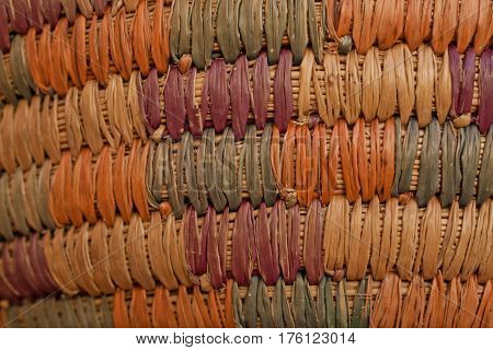 Colorful wicker basket background. Closed up wooden wicker texture background. Wicker handmade basket texture. Abstract texture and background for designers.