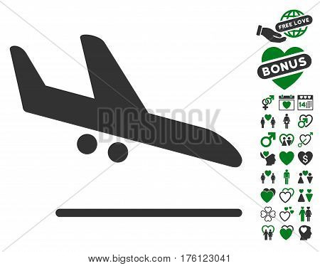 Aiplane Landing icon with bonus dating pictures. Vector illustration style is flat iconic green and gray symbols on white background.