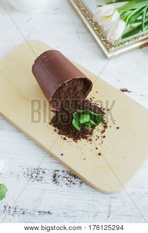 Chocolate Dessert In The Form Of A Fallen Flower Pot
