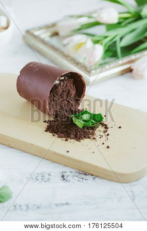 Chocolate Dessert In The Form Of A Fallen Flower Pot