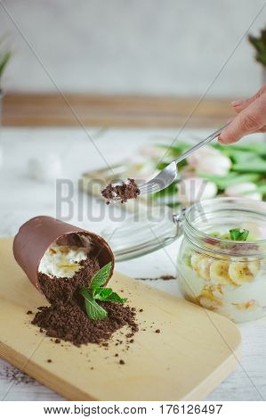 Chocolate Dessert In The Form Of A Fallen Flower Pot