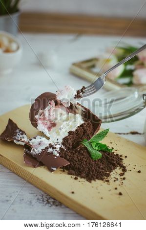 Chocolate Dessert In The Form Of A Fallen Flower Pot