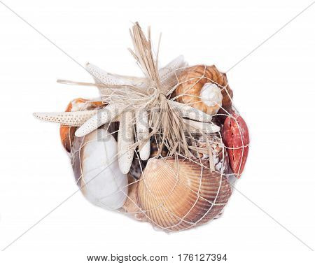 Decorative bag of various seashells from Red Sea isolated on white background