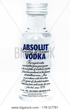 Small bottle Absolute Vodka 50ml isolate background