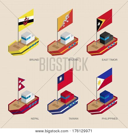 Set Of Isometric 3D Ships With Flags Of Asian Countries