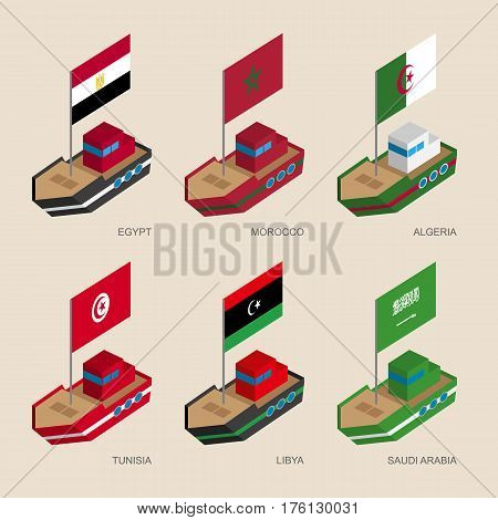 Set Of Isometric Ships With Flags Of Middle East Countries