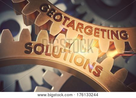 Geotargeting Solutions Golden Metallic Cog Gears. Geotargeting Solutions - Industrial Design. 3D Rendering.