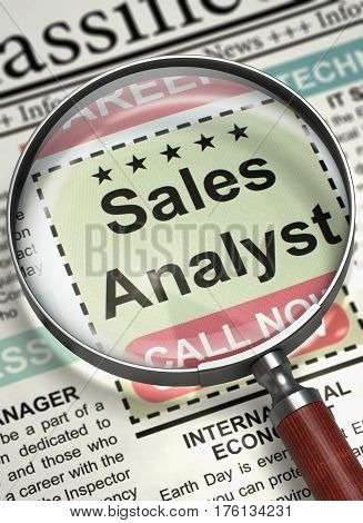 Sales Analyst - Small Advertising in Newspaper. Column in the Newspaper with the Small Advertising of Sales Analyst. Hiring Concept. Selective focus. 3D Illustration.