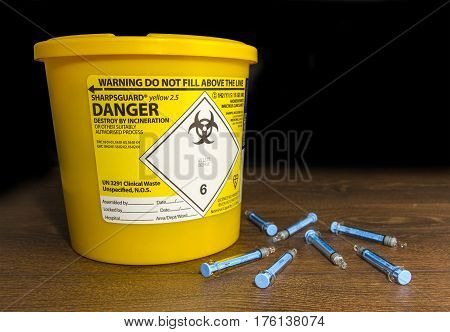 Used Needles laying next to a sharps bin