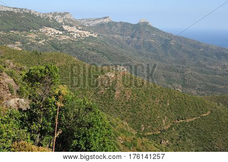 The village of Baunei and the coast at Arbatax on Sardinia island