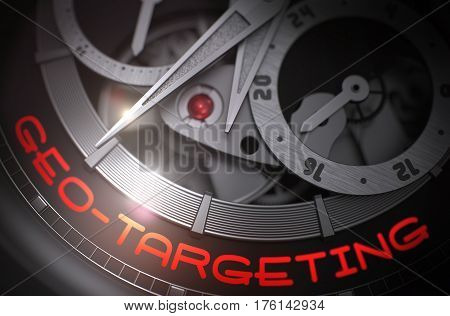 Geo-Targeting on Mechanical Watch Detail, Chronograph Close-Up. Geo-Targeting on the Face of Mechanical Watch Machinery Macro Detail Monochrome. Time and Work Concept with Lens Flare. 3D Rendering.