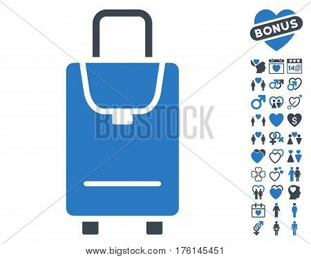 Carryon pictograph with bonus lovely design elements. Vector illustration style is flat iconic smooth blue symbols on white background.