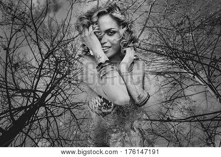 Nature spirit, Deity, beautiful woman with green hair in golden goddess armor. Fantasy warrior