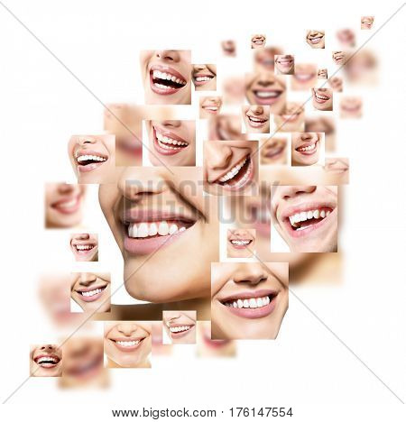 Beautiful smiles set. Perfect wide smiles with great healthy white teeth, over white. Dental care, whitening, stomatology, restoration of teeth, prosthetics, oral hygiene concept. Smiley faces.