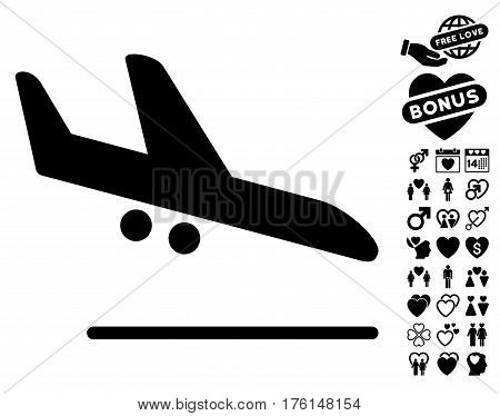 Aiplane Landing pictograph with bonus lovely graphic icons. Vector illustration style is flat iconic black symbols on white background.