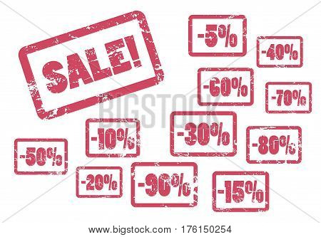 Sale inscription with discount percent. Red framed rubber stamp for shop sale. Distressed texture vector stamps. Rough watermark for shop discount price label advertisement banner. Grungy price tag