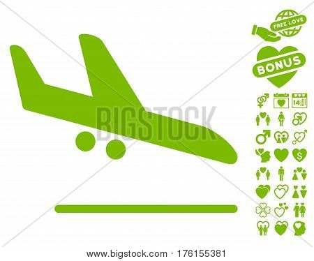 Aiplane Landing icon with bonus valentine graphic icons. Vector illustration style is flat iconic eco green symbols on white background.