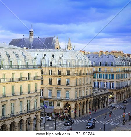 Paris, France, February 10, 2016: view  from Luvre to a street in a center of Paris, France