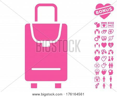 Carryon pictograph with bonus dating pictures. Vector illustration style is flat iconic pink symbols on white background.