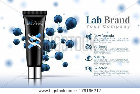 Hand Cream Black Tube on Soft White and Blue Background with Formula Atoms. Excellent Cosmetics Advertising, Gentle. Package Design Sale or Promotion New Product. 3D Vector Illustration.