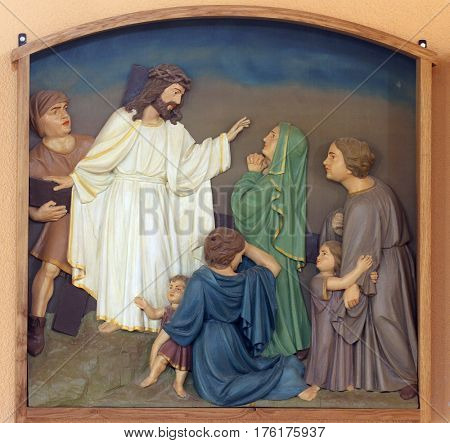 BUDASEVO, CROATIA - NOVEMBER 05: 8th Stations of the Cross, Jesus meets the daughters of Jerusalem, Church of the Blessed Aloysius Stepinac in Budasevo, Croatia on November 05, 2007