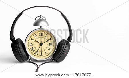 Vintage Alarm Clock with Roman Numeral and White Background for Copy Space. Listening to Music Concept and Relaxtion Cozy Mood